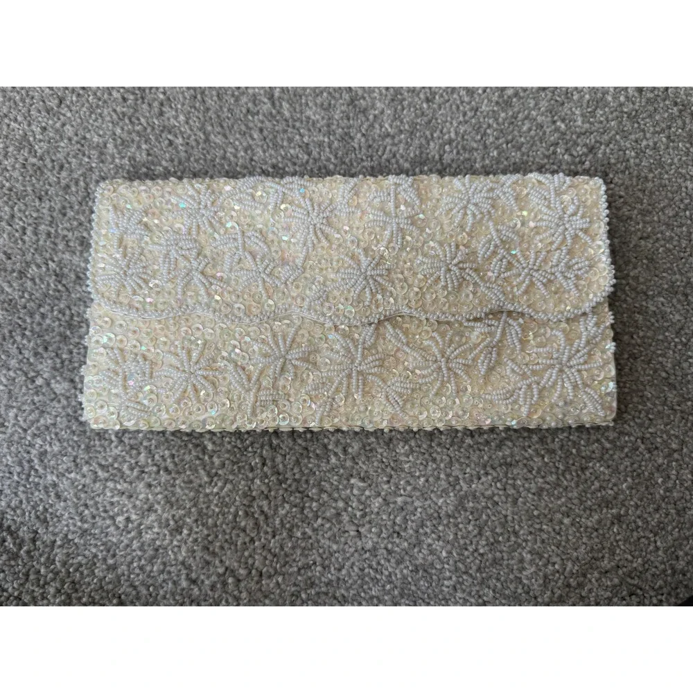 Vintage Ivory Beaded Sequin Satin Clutch Evening Bag Made in Hong Kong Floral‎